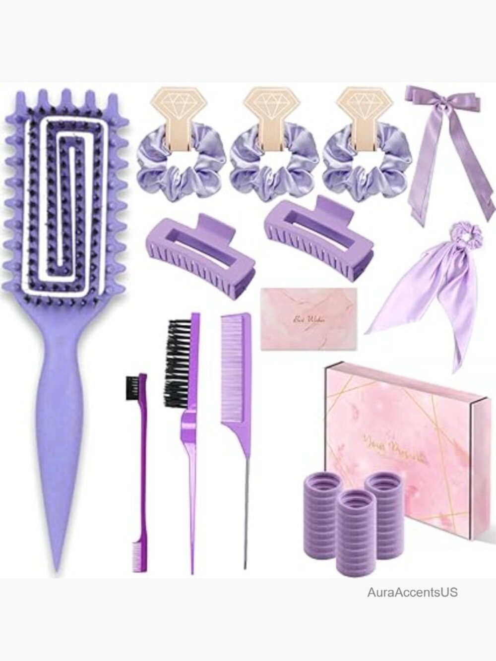 Curly Hair Set with Brush, Comb, Clips, Scrunchies & Ties Gift Box